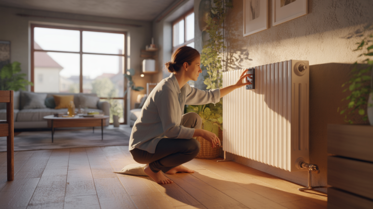 Intérieur réaliste d’un appartement européen avec un radiateur à inertie céramique en fonctionnement, baigné de lumière naturelle.
