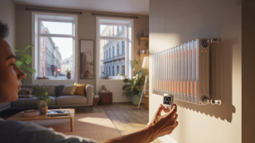 Salon moderne et lumineux avec un radiateur à inertie fluide en fonctionnement, intégré de manière naturelle dans un appartement européen réaliste.