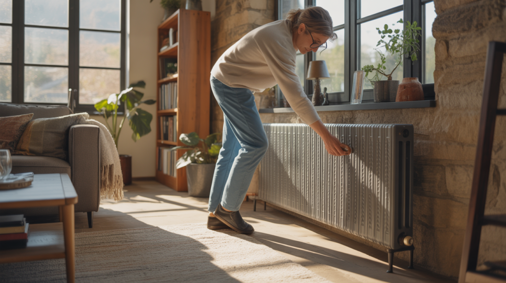 Salon réaliste baigné de lumière naturelle avec un radiateur à inertie en fonte diffusant une chaleur douce et durable.