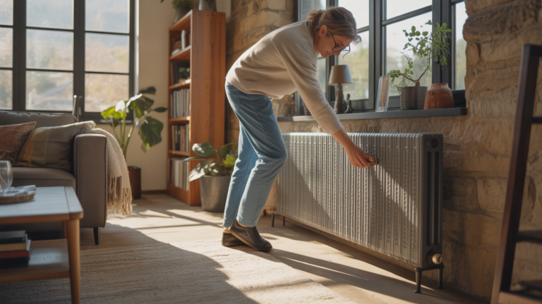 Salon réaliste baigné de lumière naturelle avec un radiateur à inertie en fonte diffusant une chaleur douce et durable.