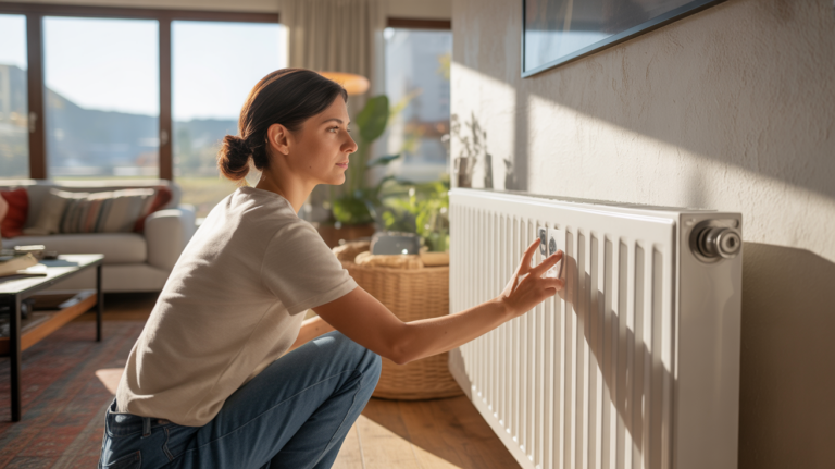 Salon moderne lumineux avec un radiateur à inertie réaliste et une scène de vie naturelle.