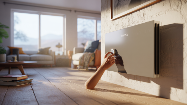 Salon moderne et chaleureux avec un radiateur à inertie installé au mur, lumière naturelle, décoration réaliste et personne ajustant le thermostat.