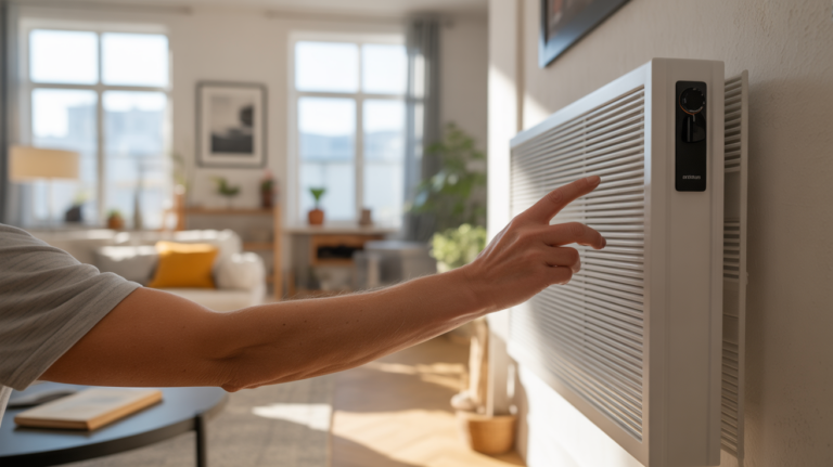 Salon moderne et lumineux avec un radiateur à inertie sèche en fonctionnement, scène réaliste et chaleureuse.