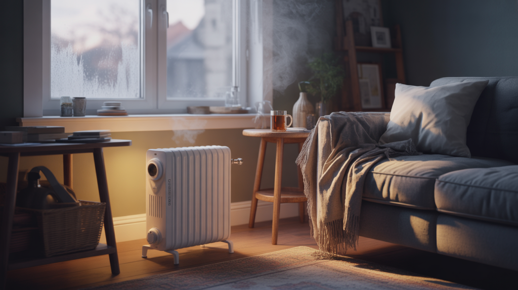 Salon réaliste en hiver avec radiateur bain d'huile allumé créant une ambiance chaleureuse dans un coin lecture.