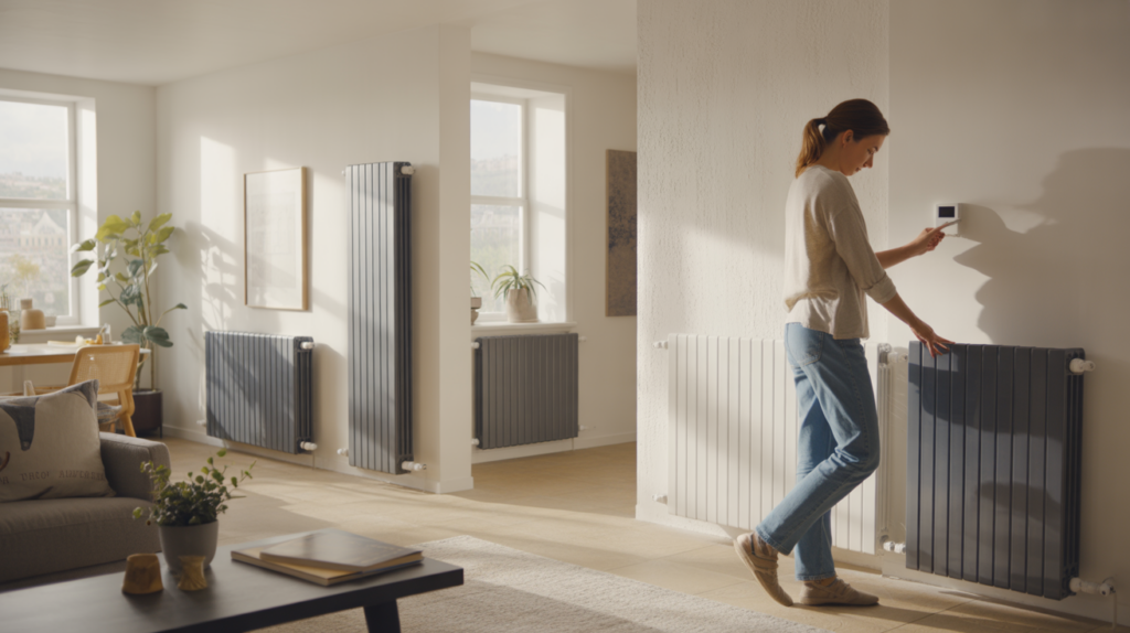 Intérieur de maison moderne et lumineux montrant plusieurs radiateurs de styles variés installés de manière réaliste dans un espace ouvert, avec un occupant interagissant naturellement avec le chauffage.