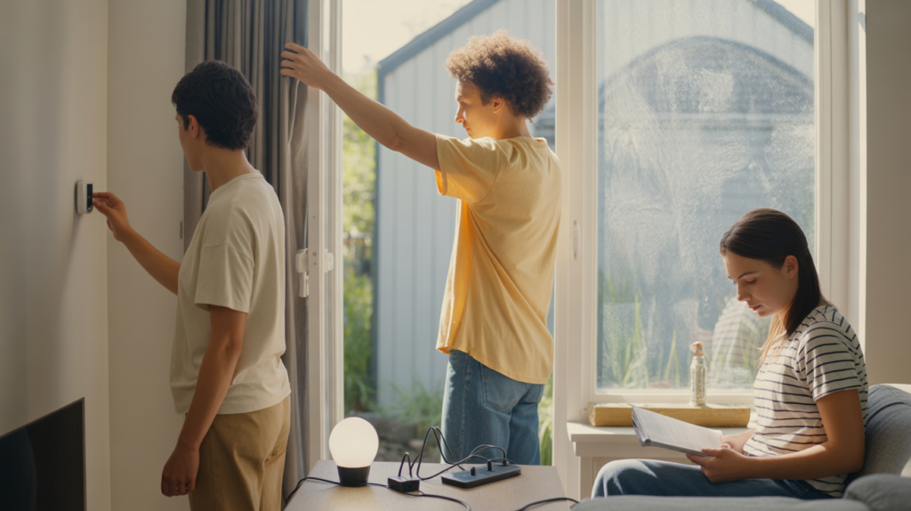 Scène réaliste dans une maison moderne où une famille adopte des gestes simples pour réduire sa consommation électrique tout en conservant son confort.