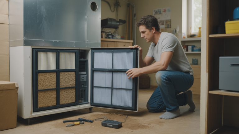 Scène réaliste d’un particulier remplaçant les filtres d’une VMC double flux dans une pièce technique d’une maison moderne.