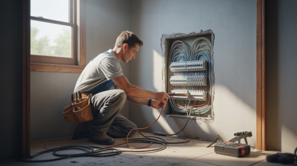 Électricien professionnel remplaçant un tableau électrique ancien dans une maison moderne, scène réaliste avec détails authentiques.