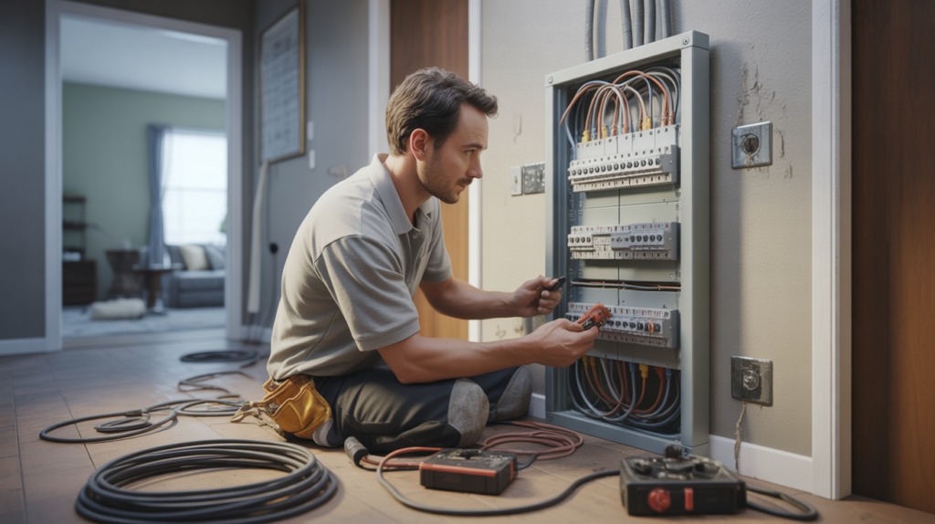 Électricien inspectant et remplaçant un ancien tableau électrique dans une maison moderne, avec une scène réaliste et des détails authentiques.