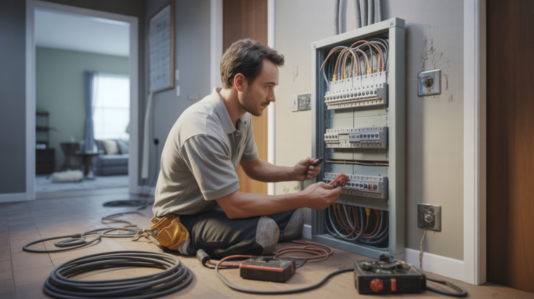 Électricien inspectant et remplaçant un ancien tableau électrique dans une maison moderne, avec une scène réaliste et des détails authentiques.