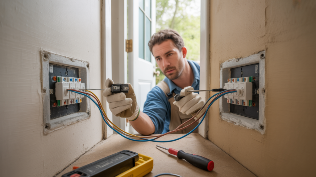 Électricien travaillant sur un câblage va-et-vient réaliste dans un couloir de maison, avec deux interrupteurs ouverts et des fils visibles.