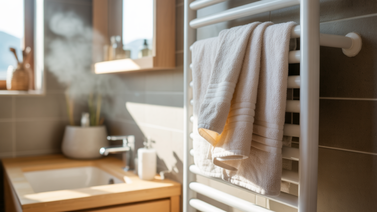 Salle de bain moderne et réaliste avec un sèche‑serviettes électrique en fonctionnement et une atmosphère chaleureuse.