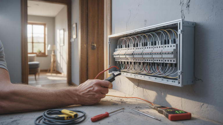 Électricien installant un tableau électrique trois rangées dans une maison moderne, scène réaliste et authentique.