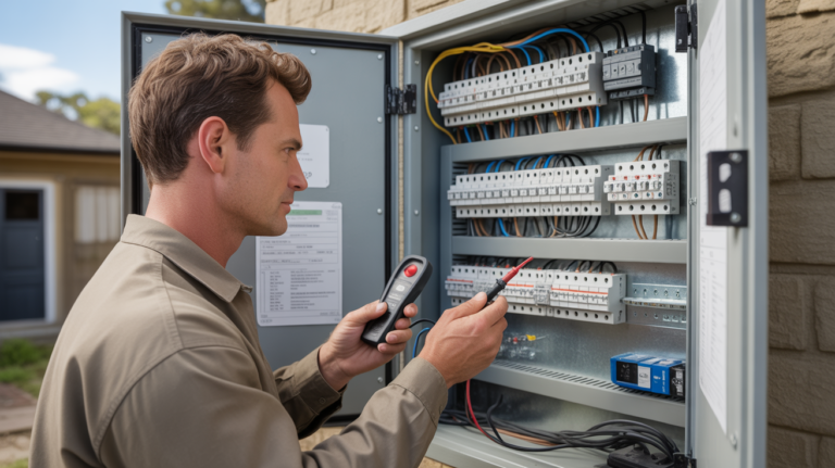 Électricien inspectant un tableau électrique résidentiel complet dans une maison réelle, avec détails authentiques et éclairage naturel.