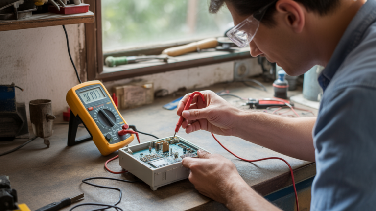 Gros plan réaliste d’une personne testant la continuité d’un circuit avec un multimètre dans un atelier authentique.