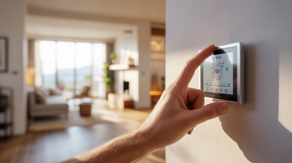 Personne ajustant un thermostat de plancher chauffant dans un salon moderne et lumineux, avec un intérieur réaliste et chaleureux.