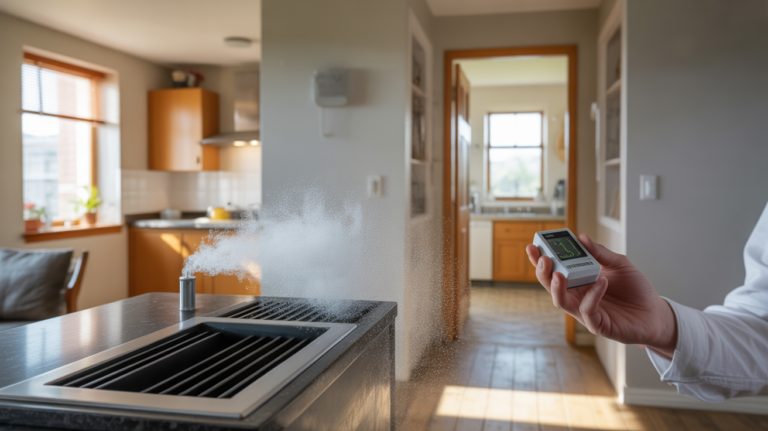 Scène réaliste montrant une bouche de ventilation en fonctionnement dans une maison moderne, avec un capteur d’humidité et un intérieur naturel et détaillé.