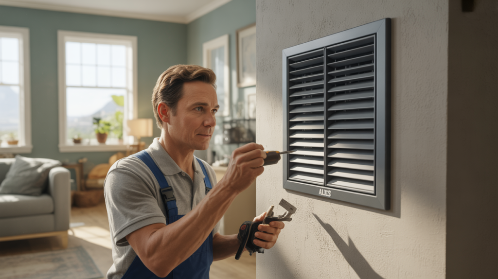 Technicien inspectant une unité de ventilation domestique moderne intégrée dans une maison réaliste et lumineuse.