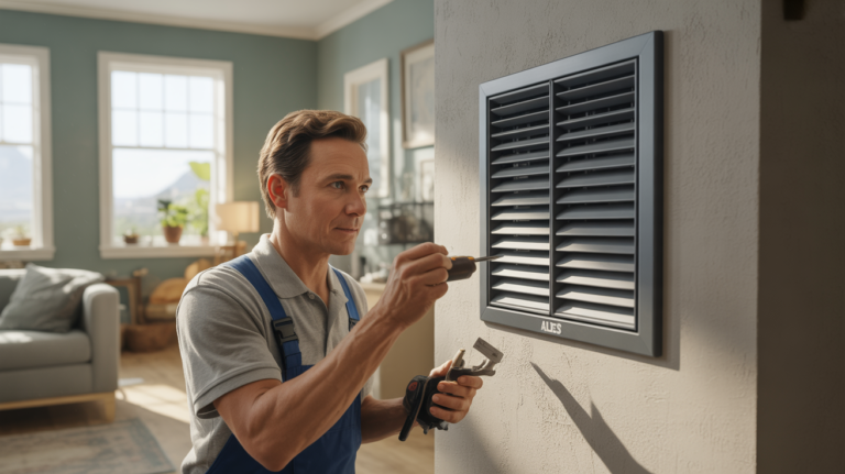 Technicien inspectant une unité de ventilation domestique moderne intégrée dans une maison réaliste et lumineuse.