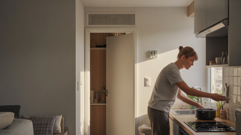 Scène réaliste d’un appartement moderne avec une VMC hygroréglable intégrée, montrant une ventilation discrète dans un intérieur lumineux et naturel.
