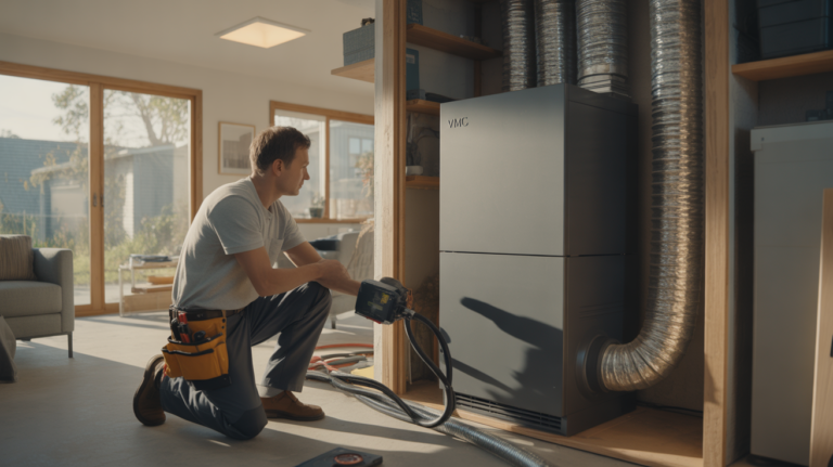 Scène réaliste dans une maison moderne montrant un technicien inspectant une VMC récente dans une pièce technique lumineuse et naturelle.