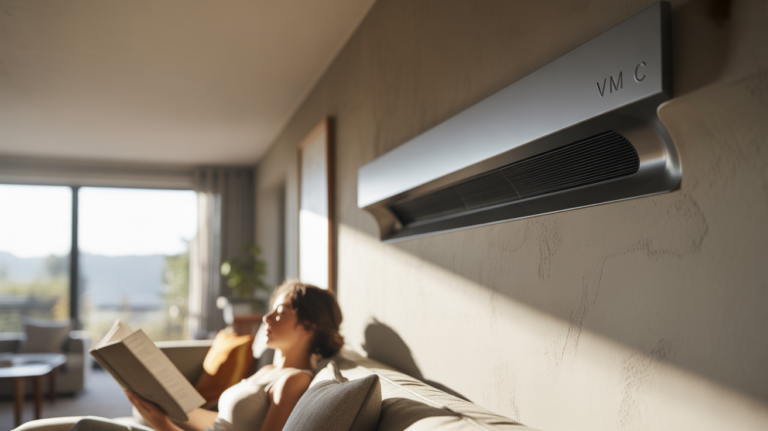 Intérieur de maison moderne avec une VMC discrète intégrée dans un mur, éclairage naturel et scène réaliste montrant un espace calme et confortable.