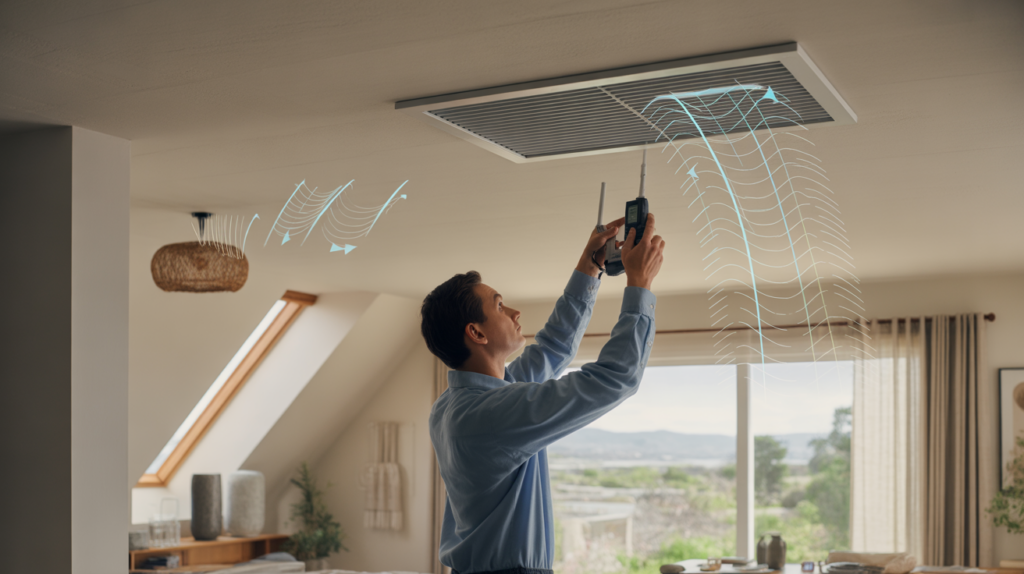 Technicien inspectant une bouche de ventilation simple flux dans une maison moderne avec détails réalistes et lumière naturelle.
