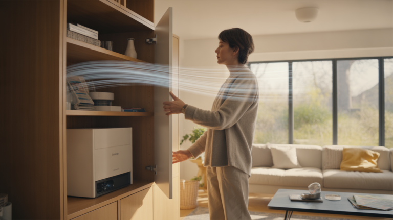 Scène réaliste dans une maison moderne où l’on voit une VMC double flux discrètement intégrée et un intérieur lumineux montrant une atmosphère saine et naturelle.