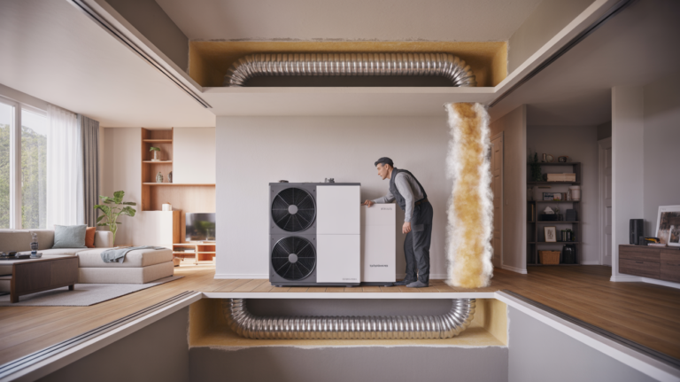 Scène réaliste à l’intérieur d’une maison moderne montrant une VMC double flux thermodynamique en fonctionnement avec un technicien inspectant l’unité et un intérieur authentique.