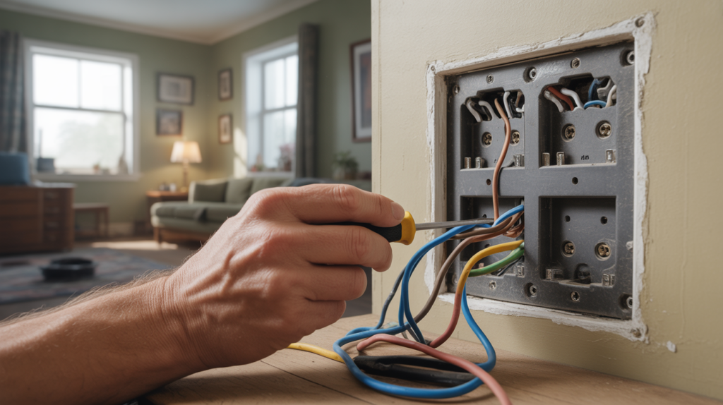 Gros plan réaliste d’un électricien manipulant une prise électrique ouverte avec les fils phase, neutre et terre clairement visibles dans un environnement domestique naturel.