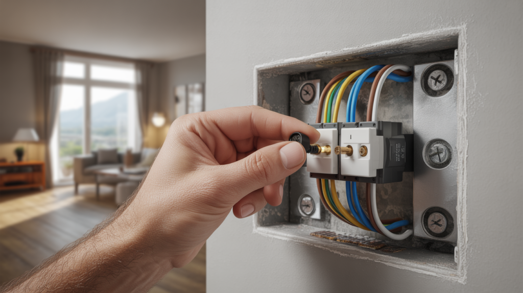 Scène réaliste montrant une main raccordant trois fils électriques avec neutre dans un boîtier d’interrupteur moderne.