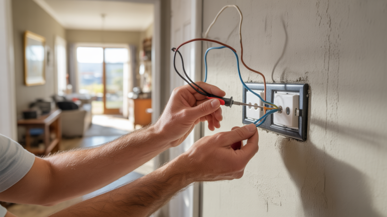 installation réaliste d’un interrupteur à deux fils sans neutre dans un couloir de maison