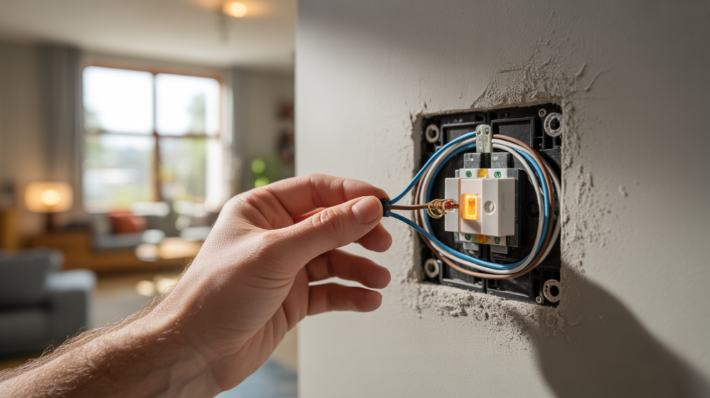 Scène réaliste d’un électricien connectant un interrupteur avec voyant lumineux dans une maison moderne, montrant clairement les fils et le mécanisme interne.