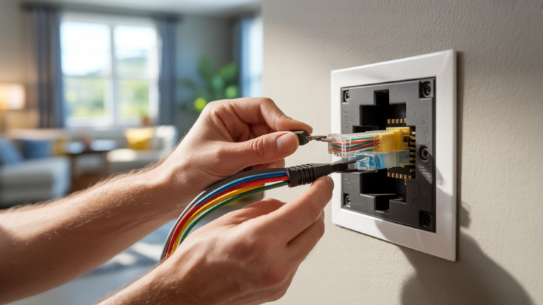 Technicien raccordant de façon réaliste une prise murale RJ45 avec les fils visibles et l’outil d’insertion, dans un intérieur domestique éclairé naturellement.