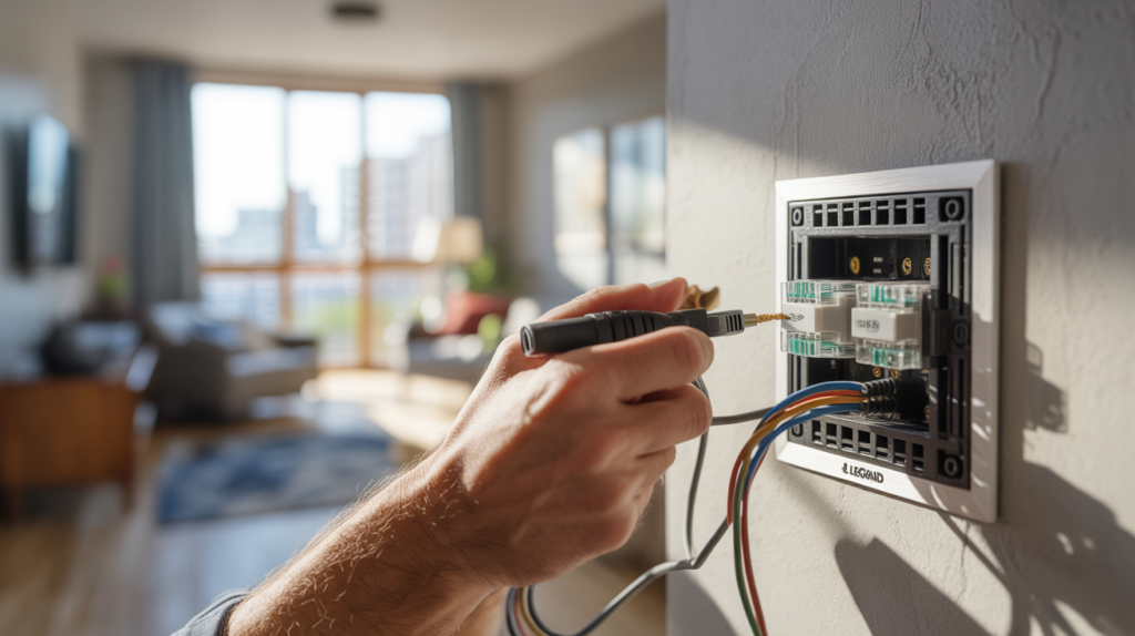 Électricien en train de câbler une prise RJ45 Legrand dans un appartement moderne, avec un rendu très réaliste et une scène naturelle.