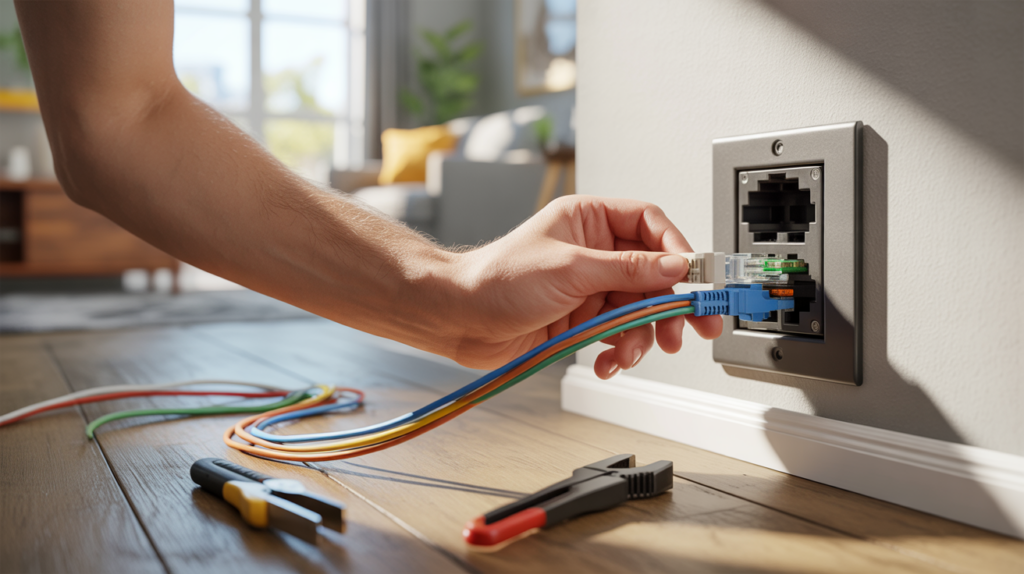 Gros plan réaliste d’une personne câblant une prise murale RJ45 dans un intérieur moderne, avec outils et détails authentiques.