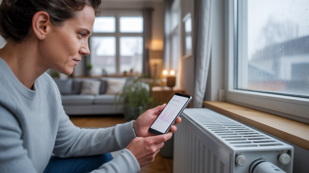 Personne consultant la consommation de chauffage électrique sur son téléphone dans un salon réaliste et lumineux avec un radiateur moderne.