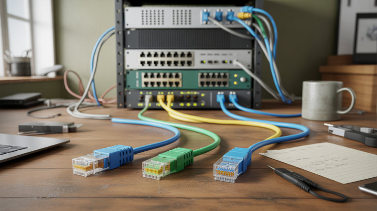 Gros plan réaliste de câbles Ethernet Cat5e, Cat6 et Cat6a sur un bureau de technicien réseau avec un serveur réel en arrière‑plan.