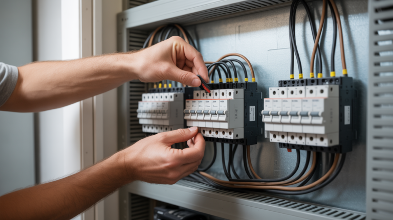 Gros plan réaliste d’un technicien réglant un contacteur heures creuses dans un tableau électrique domestique.