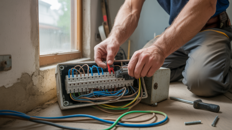 Scène réaliste montrant un électricien travaillant sur un boîtier de jonction avec des fils électriques de couleurs normalisées dans un intérieur réel.