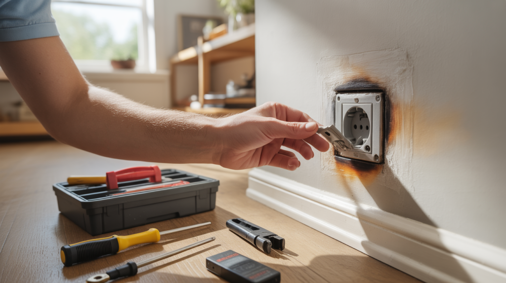 Personne inspectant une prise murale endommagée dans une maison, avec outils de réparation à proximité.