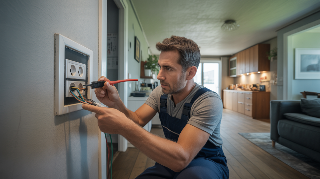 Électricien inspectant une prise avec terre dans une maison moderne, scène réaliste et naturelle.