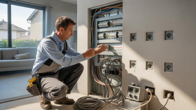 Scène réaliste d’un électricien inspectant un tableau et des prises dans une maison moderne, montrant la répartition des circuits.