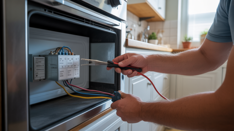 Électricien installant un four électrique dans une cuisine réelle, connectant soigneusement les fils avec des outils de sécurité.