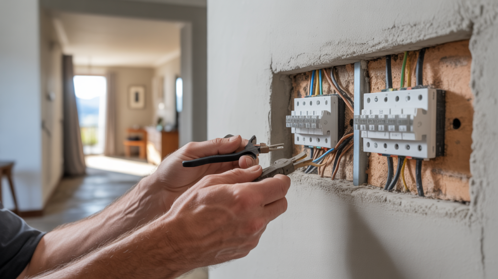 Scène réaliste d’un électricien câblant un va-et-vient dans une maison, montrant les fils et interrupteurs avec un décor authentique.