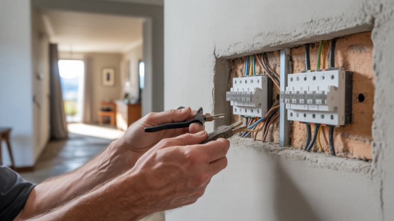 Scène réaliste d’un électricien câblant un va-et-vient dans une maison, montrant les fils et interrupteurs avec un décor authentique.