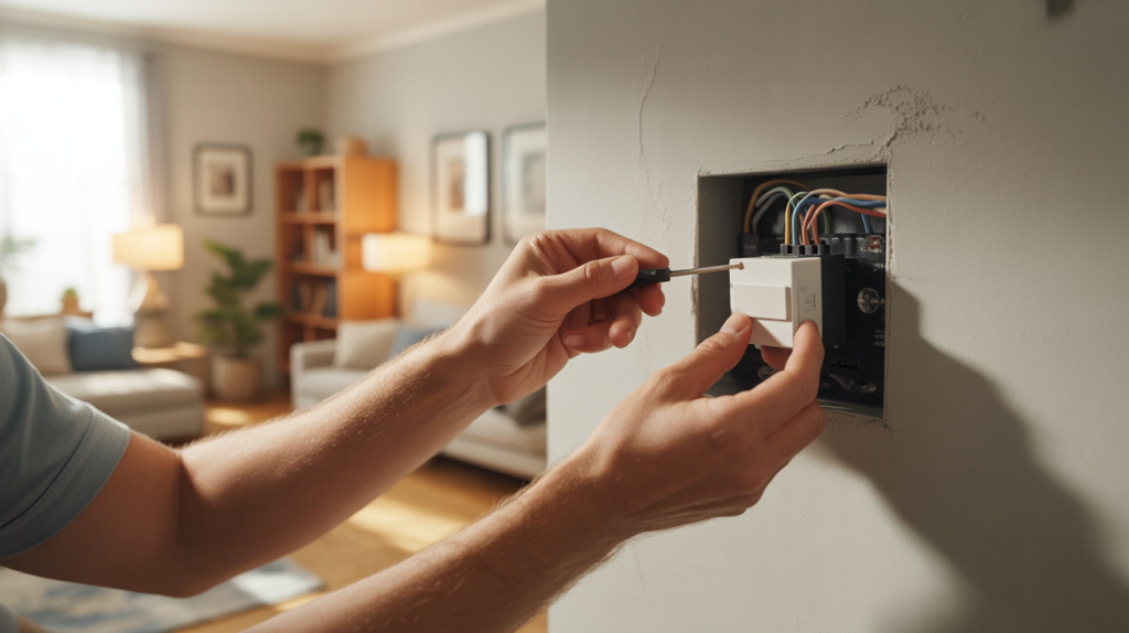 Personne installant un variateur de lumière moderne dans un salon réaliste, avec un mur légèrement texturé, des objets du quotidien et une atmosphère authentique.