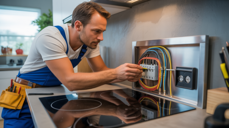 Electricien installant une plaque à induction avec câblage dédié dans une cuisine moderne, scène réaliste et naturelle.
