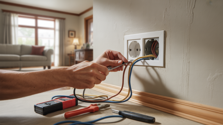 Scène réaliste d’un électricien ajoutant une nouvelle prise par repiquage dans un mur d’un salon.