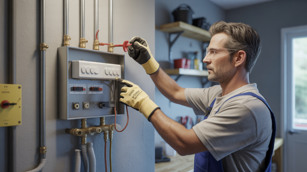 Électricien installant un chauffe‑eau électrique avec câblage sécurisé et environnement réaliste dans une pièce technique.